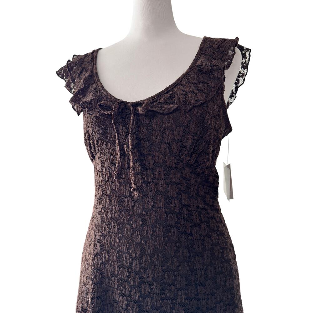 NWT No Comment Dark Brown Lace Ruffle Asymmetrical Stretch Knee Length Dress - Picture 5 of 10